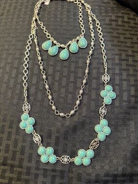 Layered Silver Necklace with Turquoise Green Stone Accents